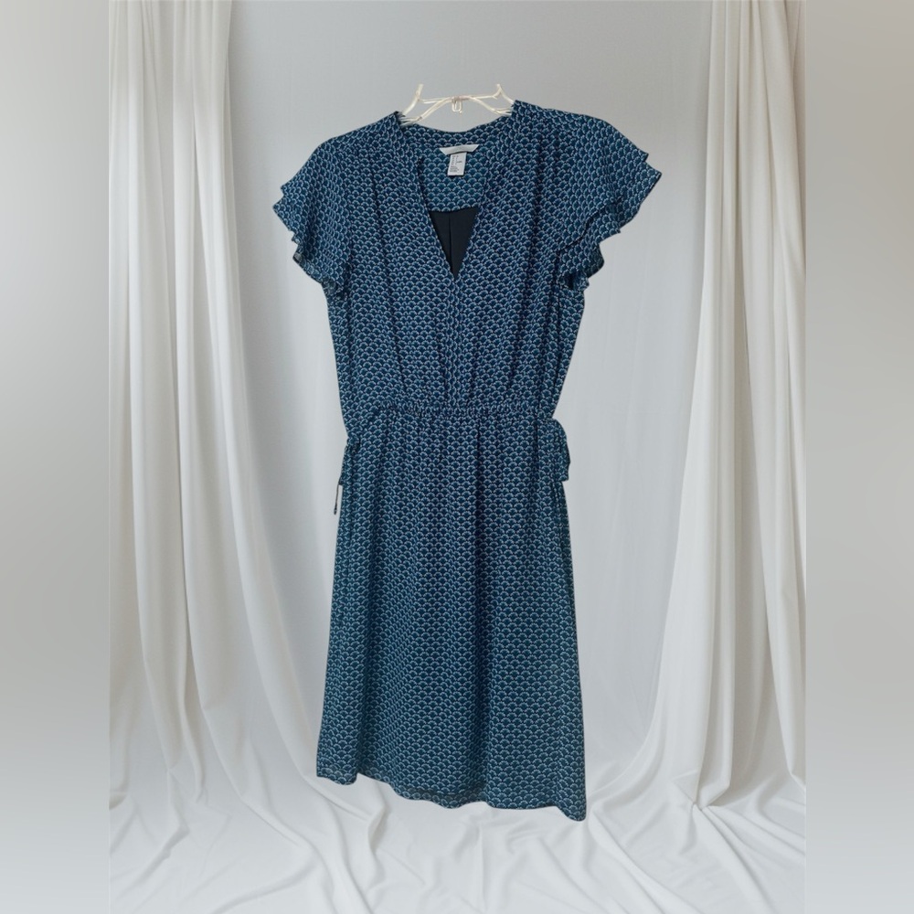 H&M Blue Geometric Design Midi Dress ~ Size‎ 4 ~ Office or Professional Wear